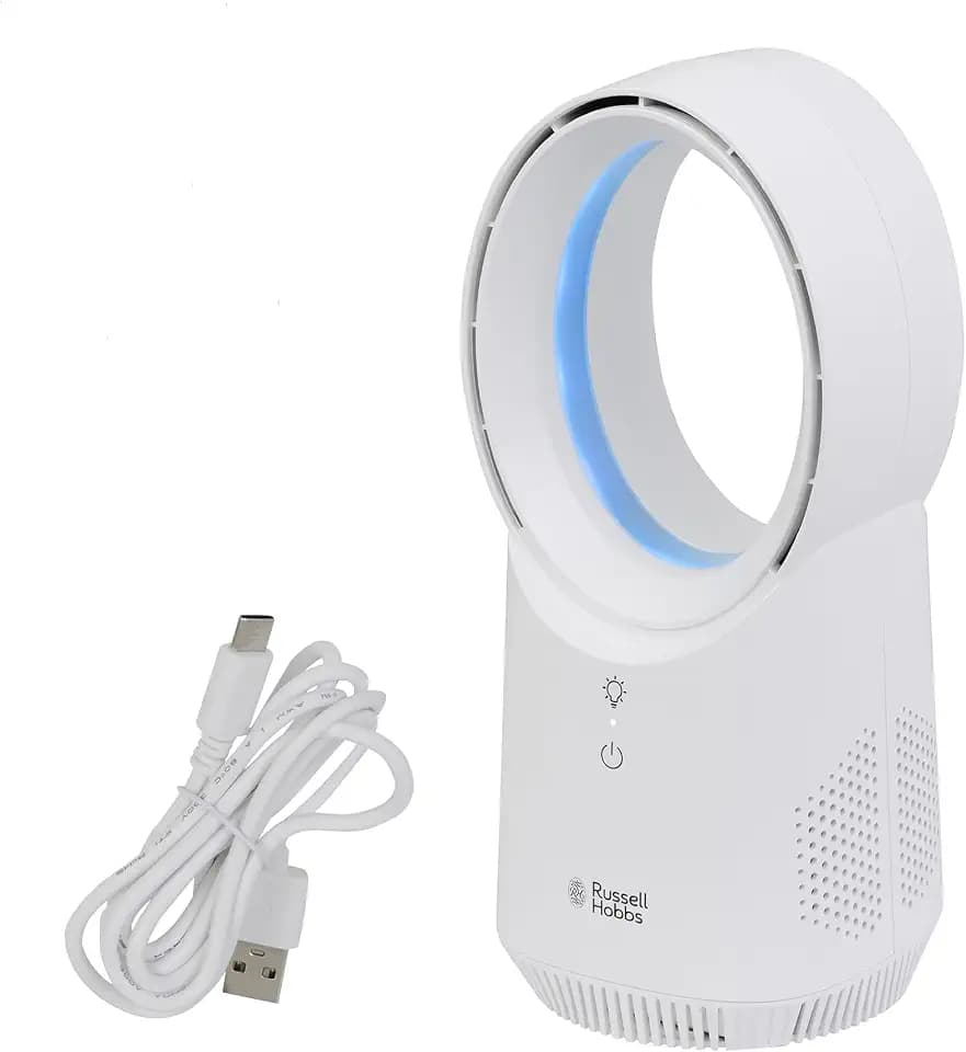 Russell Hobbs Leiser kabelloser Tischventilator ohne Flügel, mit Umgebungsbeleuchtung, USB wiederaufladbar, 2 Stunden Akku, 3 Geschwindigkeitsstufen, tragbarer elektrischer Ventilator, 6 W in Weiß, 2