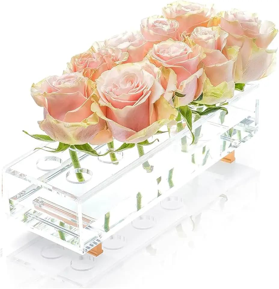 YoBa Acrylic Flower Vase Rectangular with Gold Plated Aluminum Legs, Clear Acrylic Flower Vase for Home Wedding Dining Table Décor, Gift for Your Loved Ones (Flowers not Included) (12 Holes)