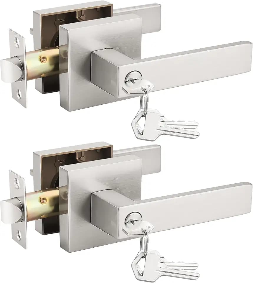 Probrico 2 Pack Satin Nickel Interior Bedroom Entrance Door Lever Doorknobs Door Lock One Keyway Entry Keyed Entrance Lockset Each with 3 Keys