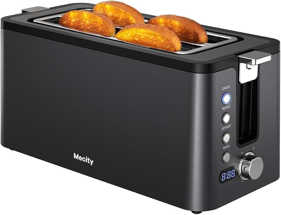 Mecity 4 Slice Toaster, Long Slot Toaster with Timer, Bagel, Defrost, Reheat, Cancel Functions, Warming Rack, Removable Tray, 6 Browning Settings, Extra Wide Slots, Stainless Steel, 1300W