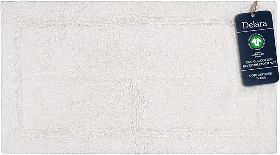Delara Organic Cotton Bath Mat, GOTS Certified & Oeko-TEX, 3000 GSM Ultra-Thick Reversible Bathroom Rug, Non-Toxic Quick-Dry Plush Mat - 30x20 in, White
