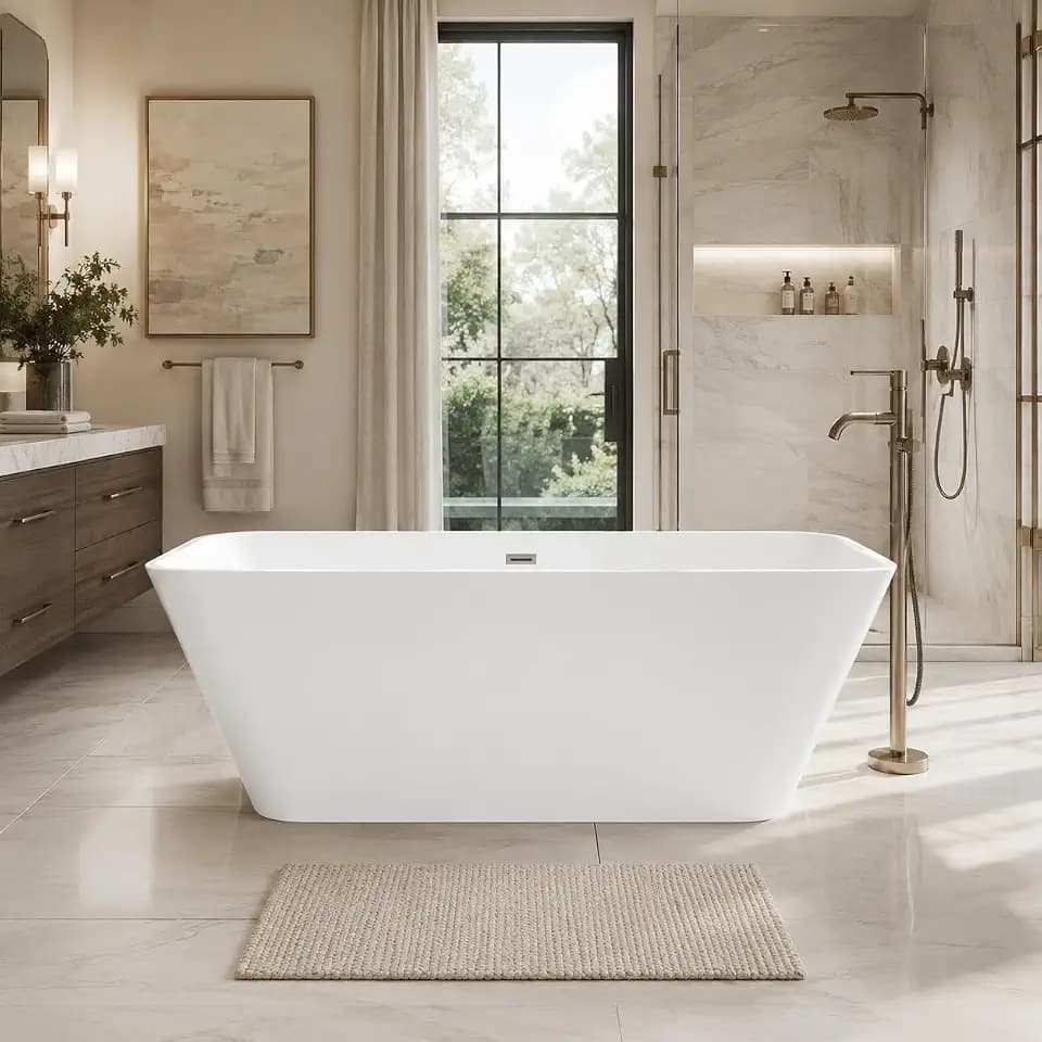 59" Acrylic Freestanding Bathtub, Deep Soaking Tub, Modern Square