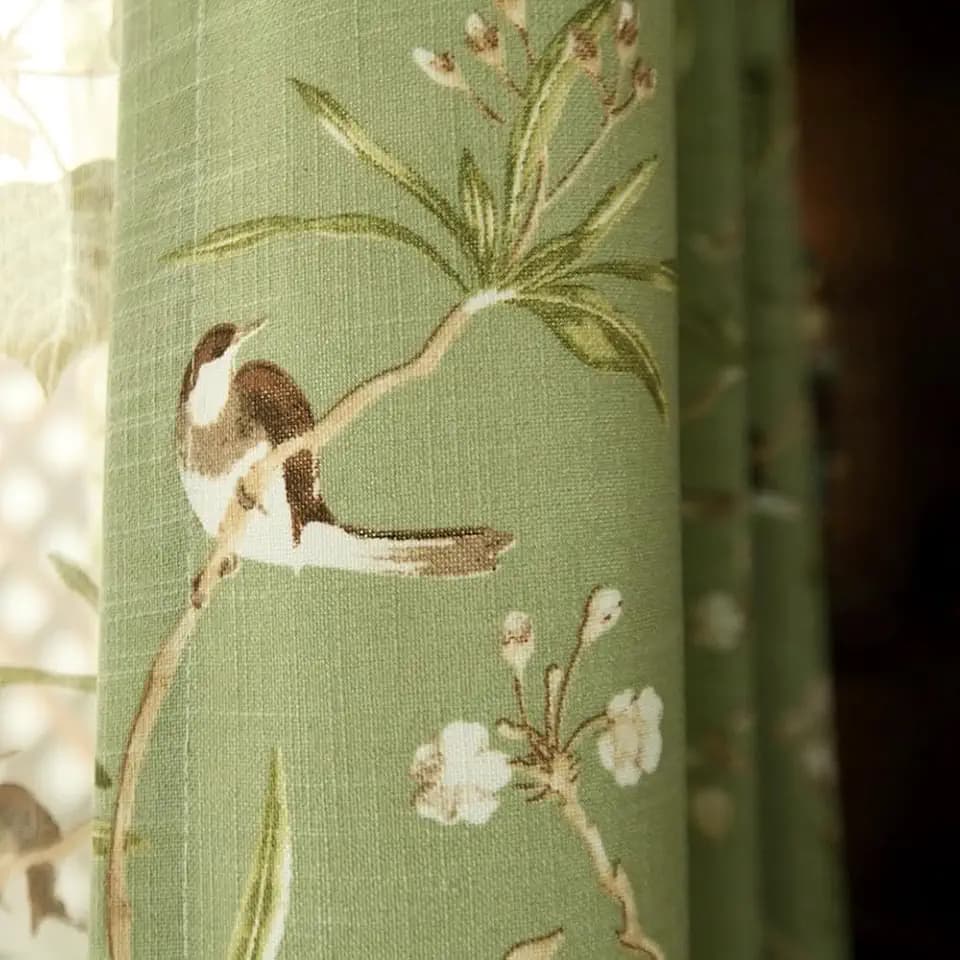 Vintage Bird Curtain Green Floral Print Rod Pocket Linen Blend 55 X 96 Inch