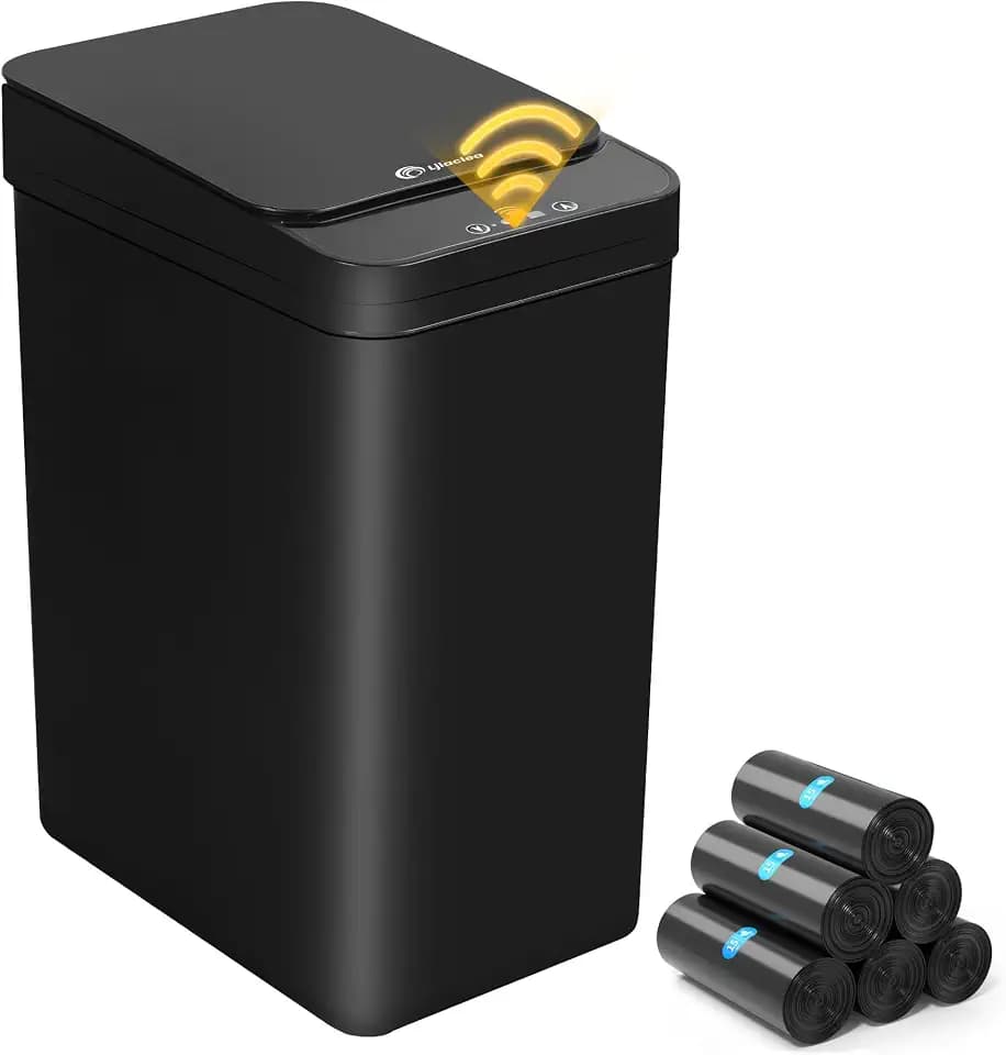 4 Gallon Bathroom Smart Touchless Trash Can for Kitchen Automatic Motion Sensor Rubbish Can with Lid Waterproof Narrow Small Garbage Bin for Kitchen, Toilet, Bedroom, RV(Black,Battery)