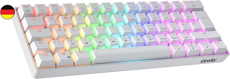 Geeky GK61 60% | Hot Swappable Mechanische Gaming-Tastatur | 62 Tasten Multi Color RGB LED Hintergrundbeleuchtung für PC/Mac Gamer| ISO DE Qwertz Deutsches Layout (Weiß, Mechanical Speed Silver)