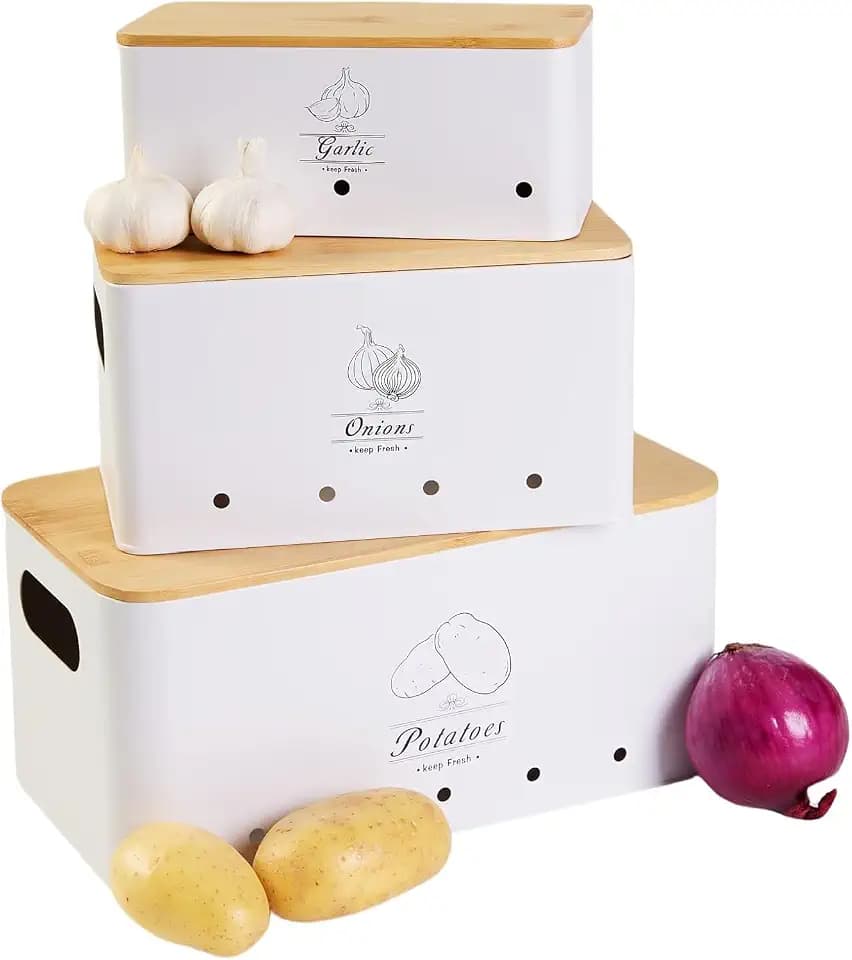 3 Pack Metal Vegetable Storage,Potato Onion Garlic Storage Set,Kitchen Canisters Vegetable Keeper,Stackable Pantry Organizers with Ventilation Holes and Bamboo Lids(WHITE)