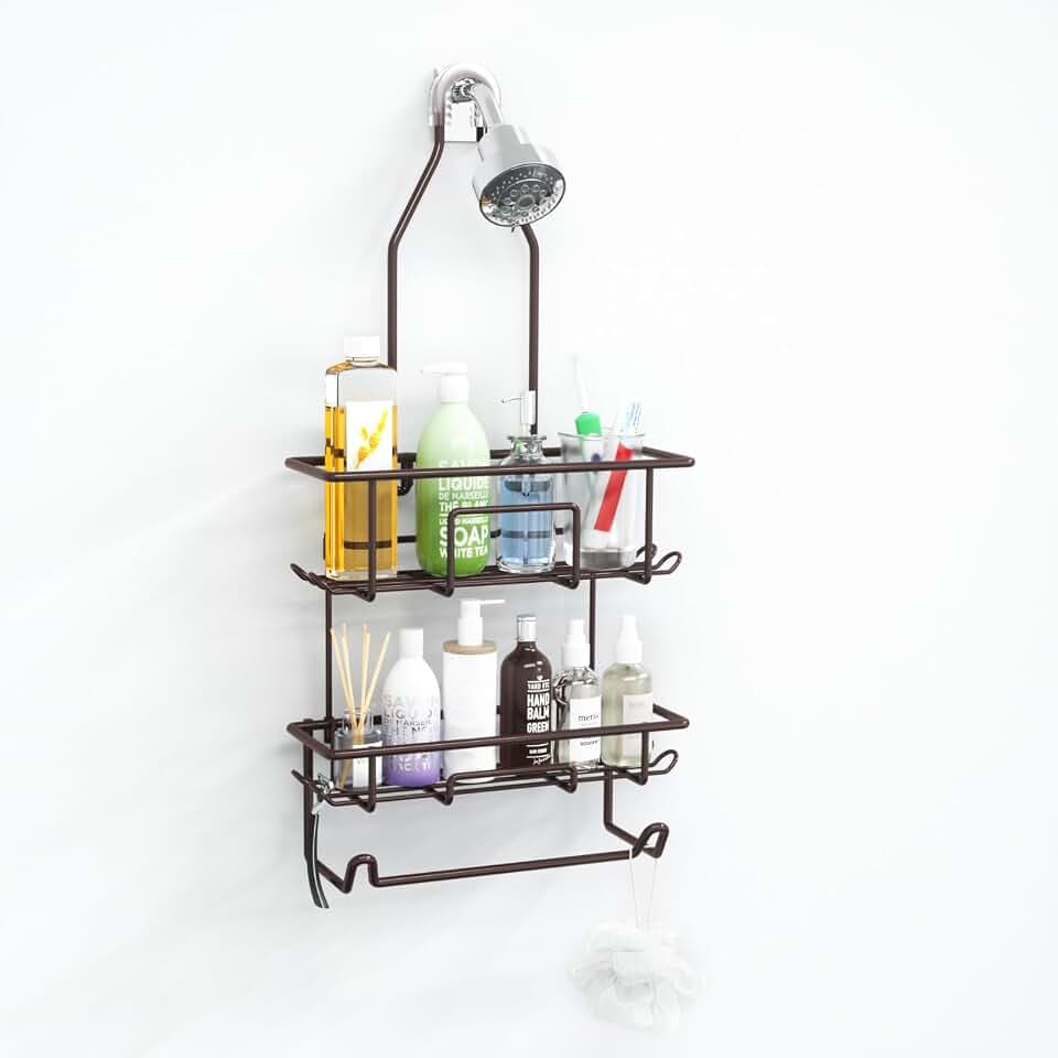 Shower Caddy Hanging over Shower Head Rust Roof Shower Organizer with 10 Hooks for Razor Shampoo Holder Bathroom Shower Rack Storage Shelf with Towel Bar – Bronze