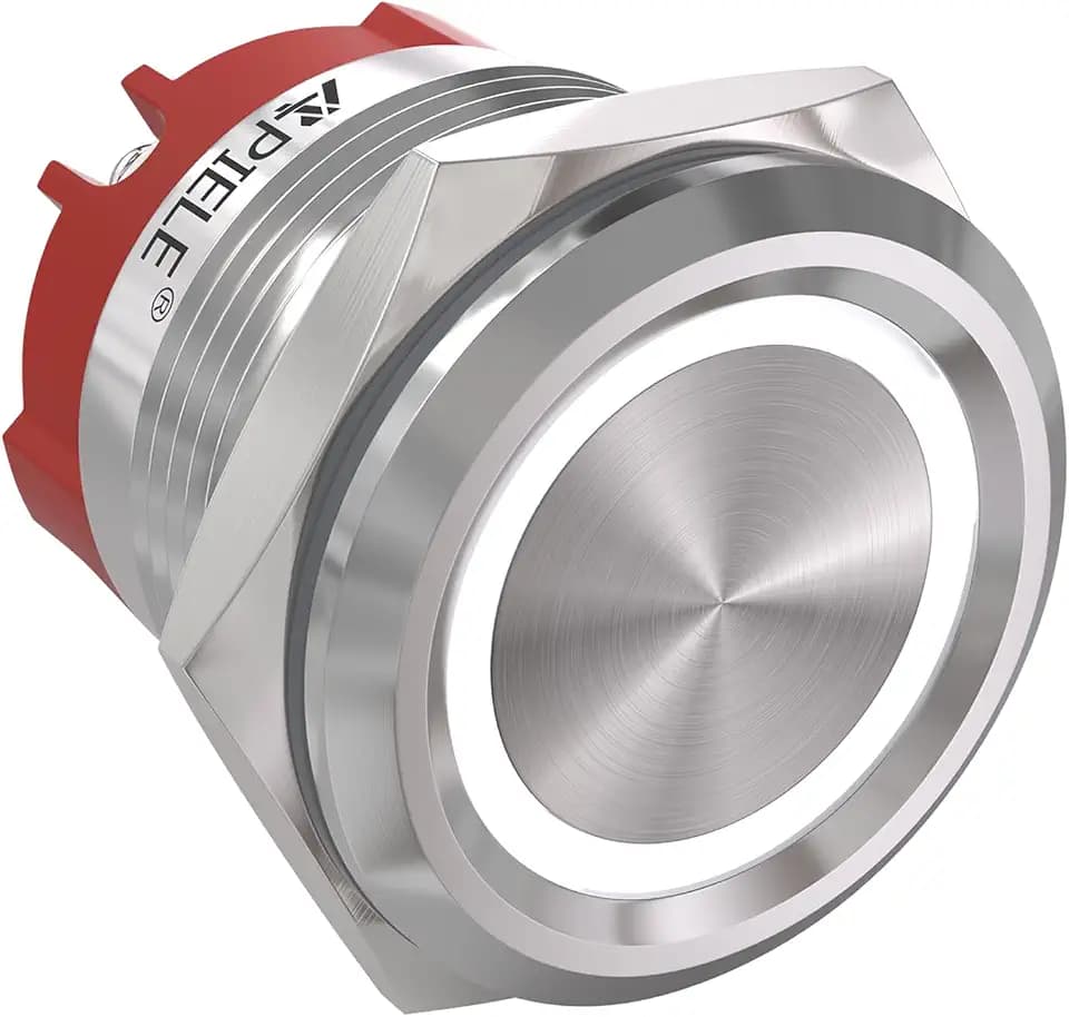 APIELE 22mm Latching Push Button Switch 12V On Off Stainless Steel Shell with LED, Waterproof Screw Terminals Connectors Type for 7/8" Mounting Hole (Sliver Shell-White)