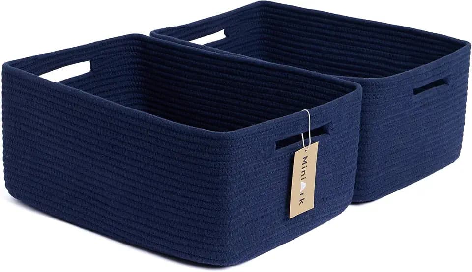 MiniArk Large Storage Baskets for Shelves, 17 x 13 x 7.5” Closet Organizers Bins for Clothes Blanket Towels, Baby Nursery, Toy Baskets Box, Woven Rope Baskets, 2 Packs Navy Blue