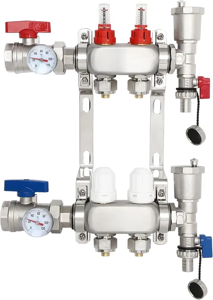 FAHKNS 2-Branch Radiant Heat Manifold,Stainless Steel PEX Manifold for Hydronic Radiant Floor Heating (1/2" Adapters included) Radiant Heat Pex Manifold Set