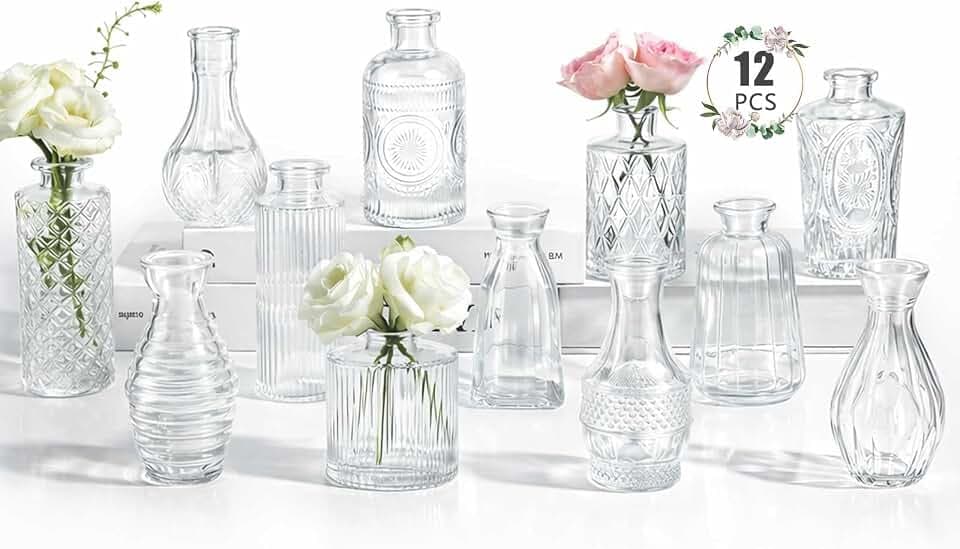 12 Pack Bud Vase in Bulk - BEAHOT Clear Flower Vases for Wedding Decorations, Glass Vase for Table Decorations, Small Vase for Home, Mother's Day, Centerpieces, Party, Office (Clear)