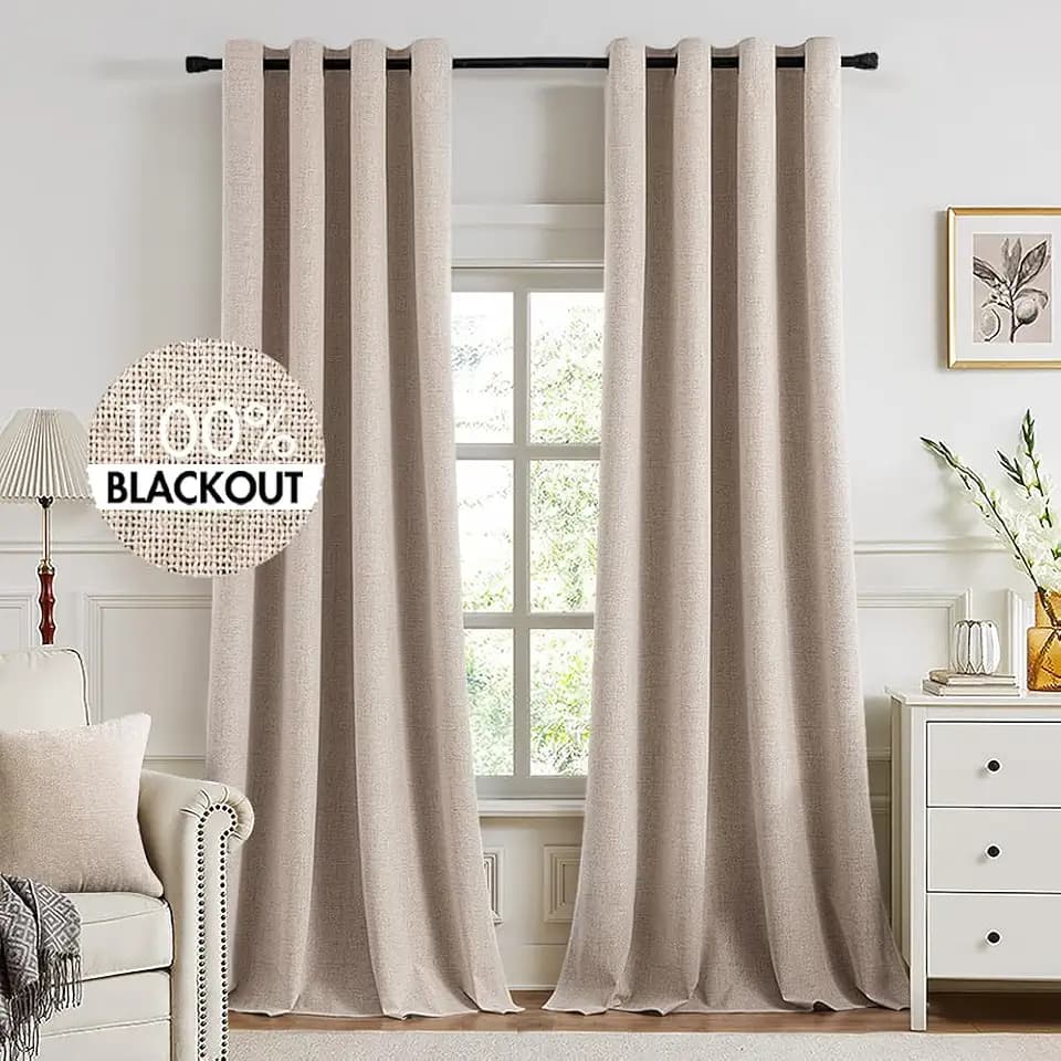 MIULEE 100% Blackout Linen Curtains for Bedroom 52x102 Inches Natural Beige