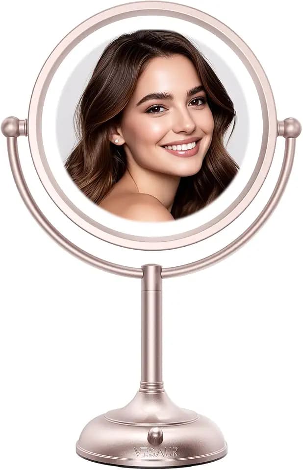 Professional 8.5" Large Lighted Makeup Mirror with Brighter Lights, 1X/10X True HD Magnifying Mirror with 3 Color Dimmable Lights, 90 Shadowless LEDs,360°Swivel Seamless Vanity Mirror,Rose Gold Nickel