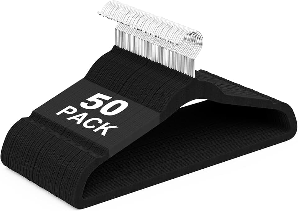 Velvet Felt Hangers 50 Pack, Non Slip, Slim, Space Saving, Black