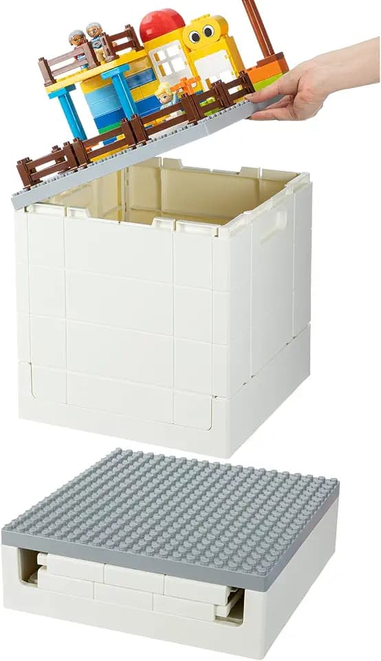 Folding Storage Box with Large Building Lid for Duplo Blocks, 25L Collapsible Storage Bin, 26 Qt. Container (Gray)