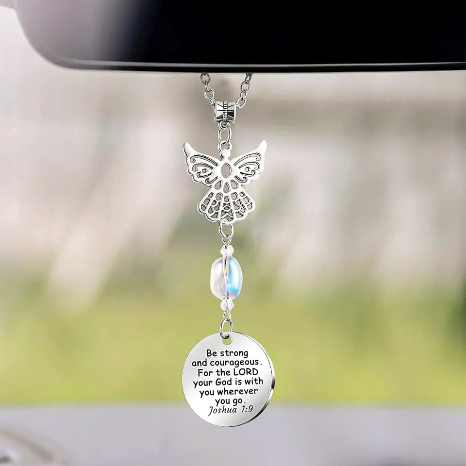 Angel Car Charms Rear View Mirror Accessories Christian Car Jewelry,Guardian Angel Hanging Ornament,Bible Religious Gifts,Rear View Mirror Accessories for Women Teen Girls Friends(Joshua 1:9)