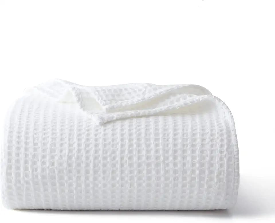 100% Cotton Waffle Blanket (White - Queen Size - 90 * 90''), Pre-Washed and Anti-Shrinkage Soft Lightweight Bed & Couch Blanket, 380 GSM Waffle Weave Throw Blanket for All Seasons