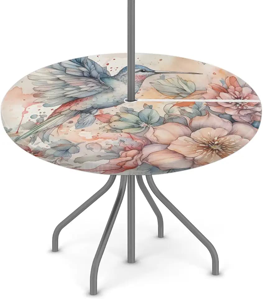 Hummingbird Round Outdoor Tablecloth with Umbrella Hole,Patio Table Cover Fitted Tablecloth Waterproof Umbrella Table Cover for Party Picnic, Fit for 45"-56" Round Tables