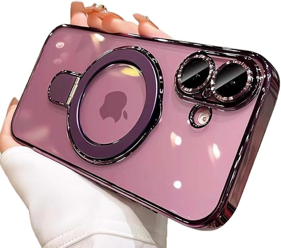 Clear for iPhone 16 Plus Case Magnetic Invisible Stand Built-in Camera Lens Protector Compatible with MagSafe Case Cover for 16 Plus,Purple