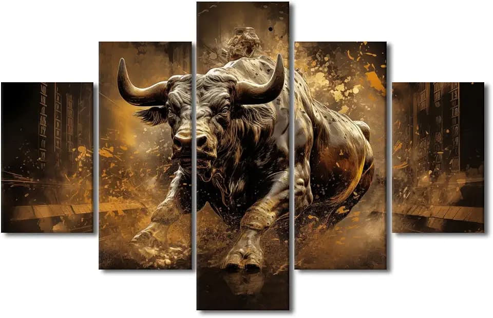 TUMOVO 5 Panel Wall Art Bronze Bull Painting Print On Canvas Pictures for Bedroom Home Decor Market Concept Modern Artwork Stretched By Wooden Framed Ready to Hang, 60" Wx40 H
