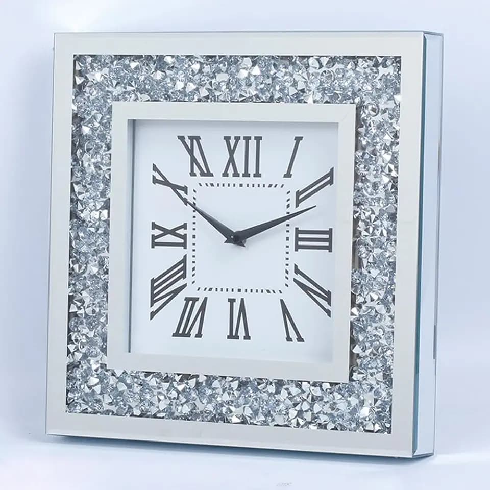 Decor Crushed Diamond Mirror Wall Clock with Crystal Decorations for Home (Silver-Square 35CM)
