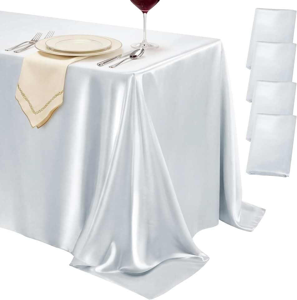 4 Pack Silver Satin Tablecloth 58 x 102 Inch Overlay Seamless Design