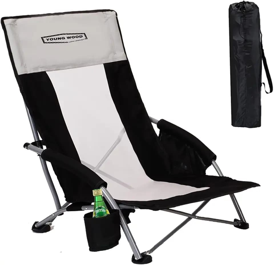 YOUNG WOOD High Beach Chair, Camping Chair, High Back Extra Wide Seat Chair with Comfortable Pillow & Storage Pocketsuitable for Adults, Children and Pets Fishing, PLoad Capacity 350lb,Black.1p