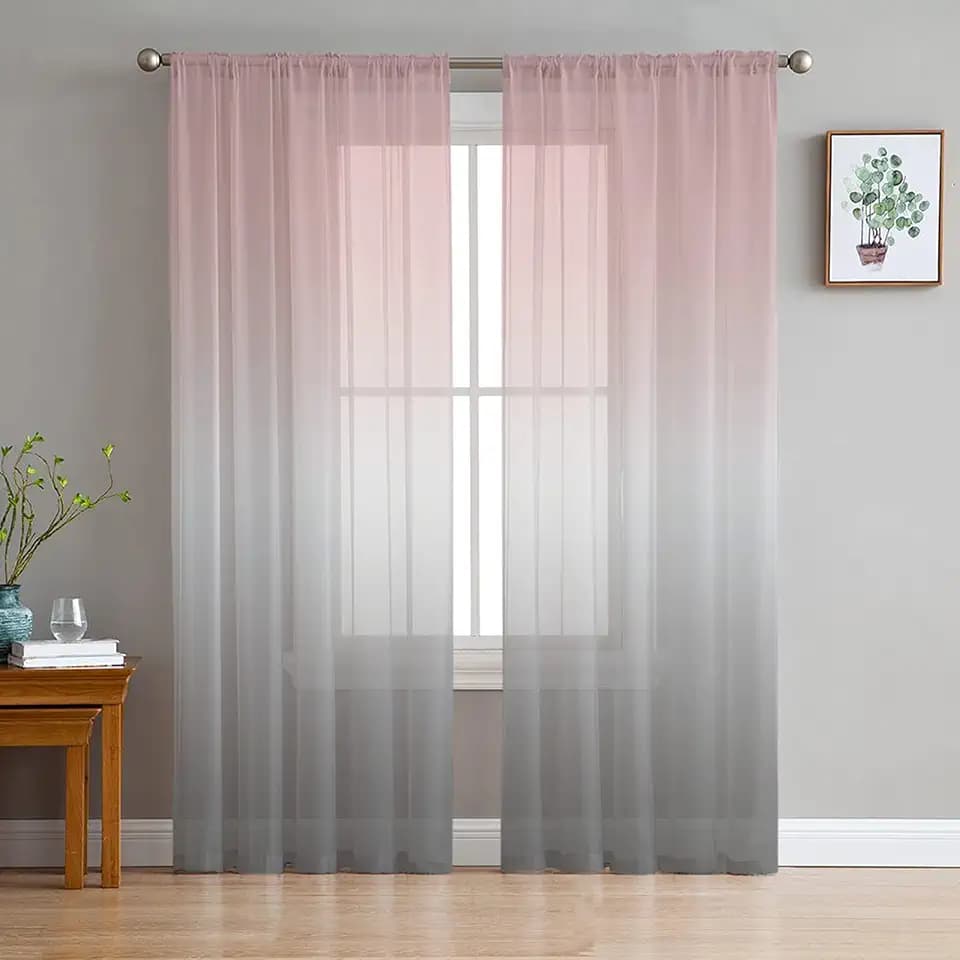 Ombre Pink Grey Sheer Curtains 63 Inches Length 2 Panels Set Chiffon Curtain Sheers for Living Room, Modern Solid Color Gradient Rod Pocket Window Drapes Sheer Privacy Curtains