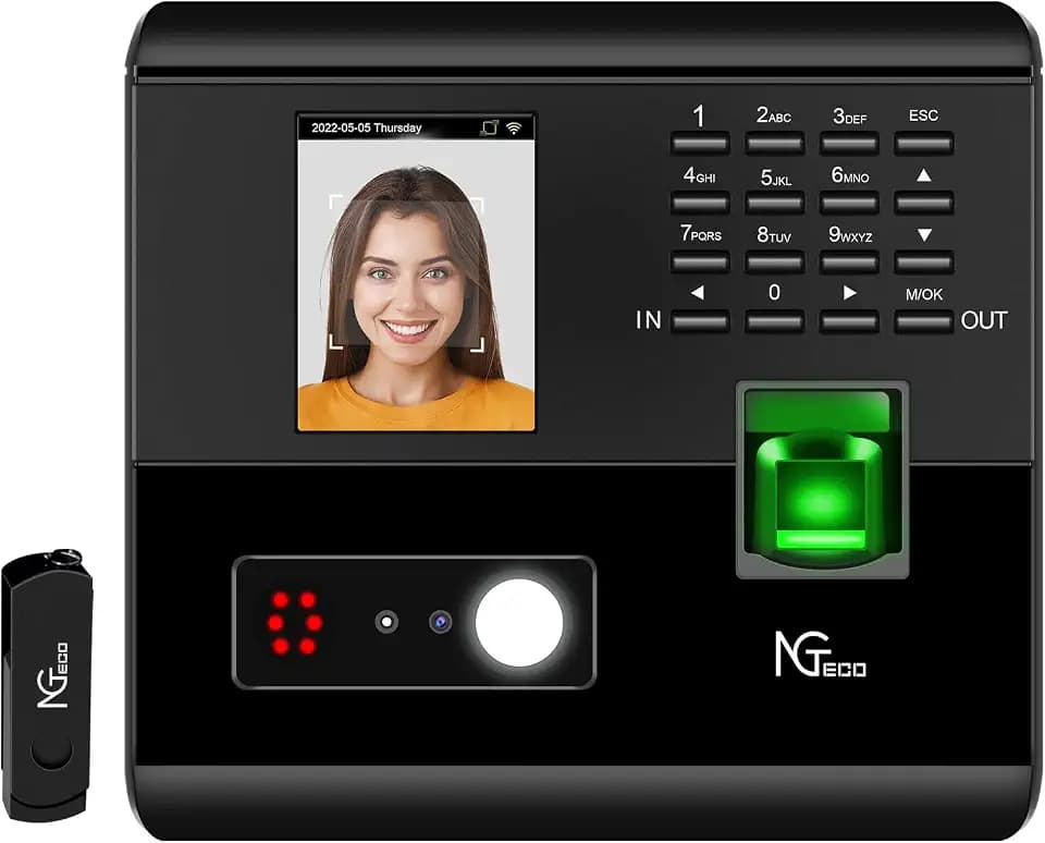 NGTeco Time Clock for Small Business, 4-in-1 Employee Attendance Machine with Face, Fingerprint, RFID Card & PIN Code, 2.4GHz WiFi, Mobile App Control for iOS Android, Shift Management, No Monthly Fee