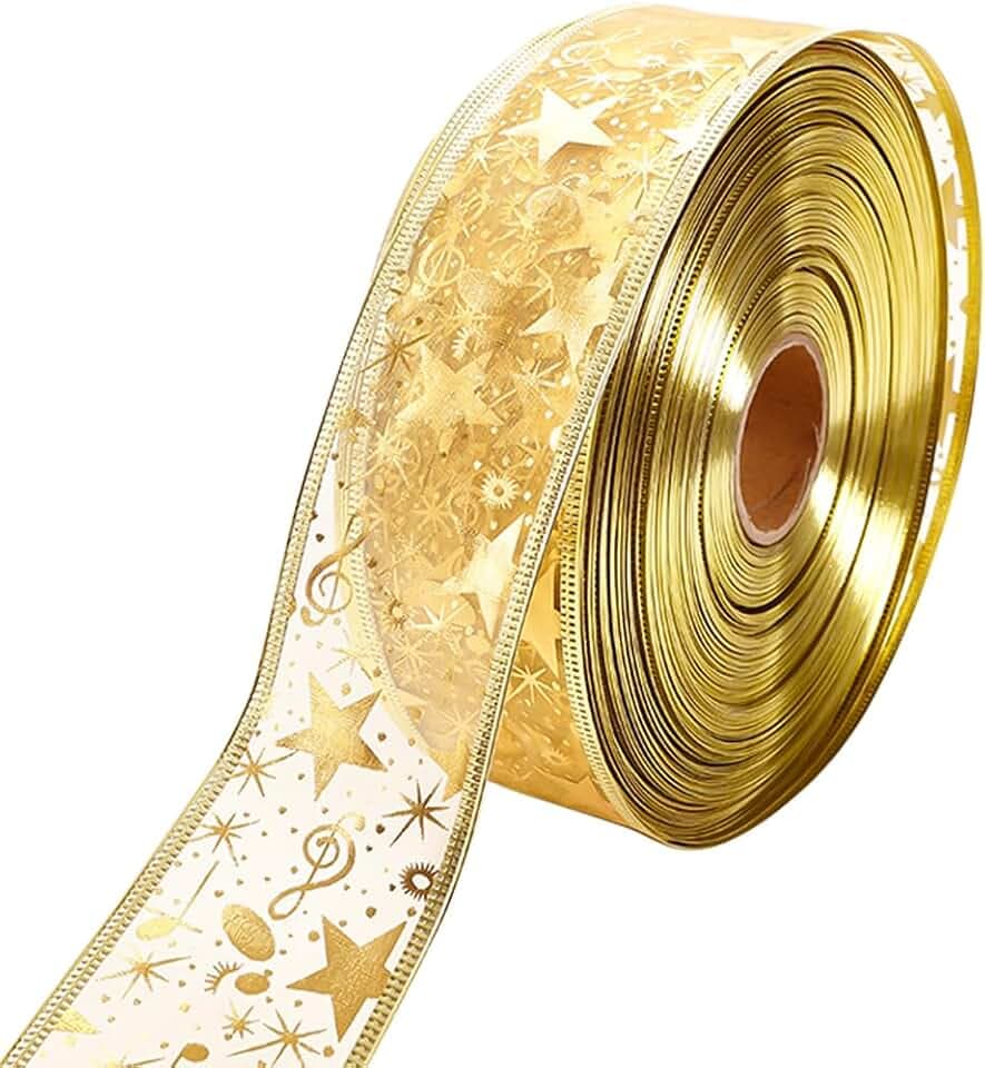 2 Inch Gold Star Wired Ribbon Wide Christmas Transparent Sheer Ribbon Music Note Glitter Metallic Organza Fabric Ribbons with Spool for Sewing Making Craft Xmas Brithday Gift Wrapping Supply