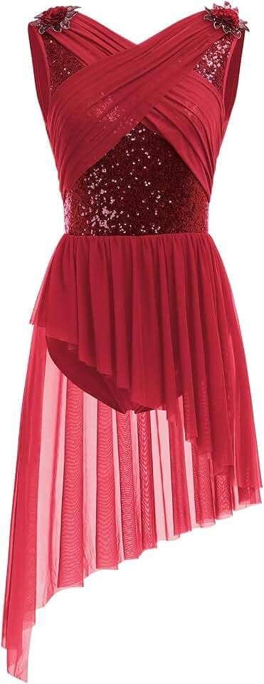 AFAVOM Women's Lyrical Dance Costume Sequin Flower Lyrical Dress Asymmetric Flowy Tulle Skirt Contemporary Dance Costumes