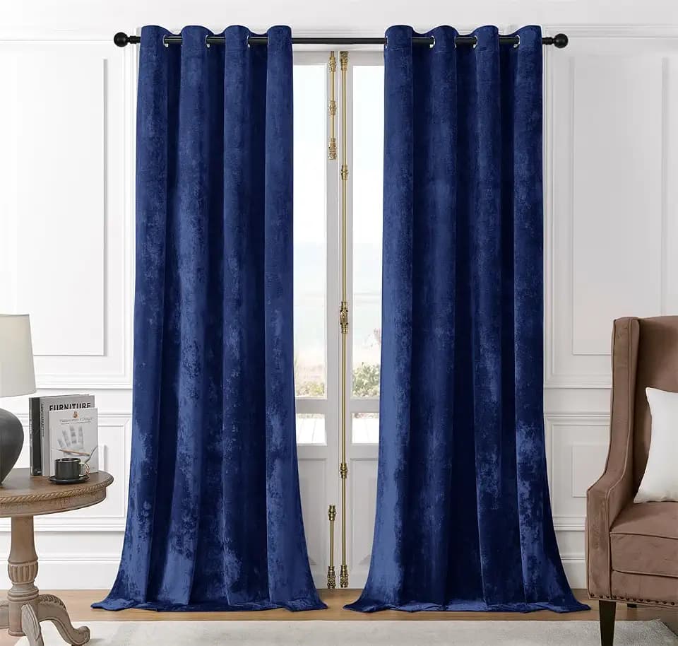 SMILETIME Navy Blue Crushed Velvet Curtains 52x90 inch Grommet- 2 Panels