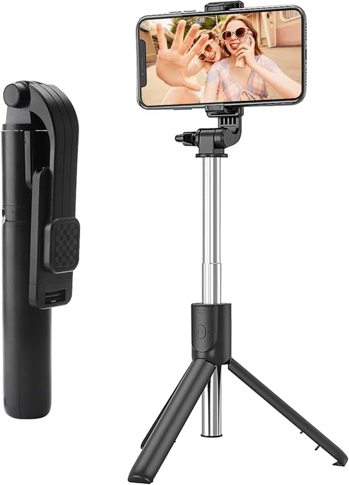 TNSLAND Selfie Stick mit Handy Stativ, 100CM Selfiestick Bluetooth mit Fernbedienung und Handyhalter, Handystativ, Tragbar und einziehbar für Smartphones (Schwarz)