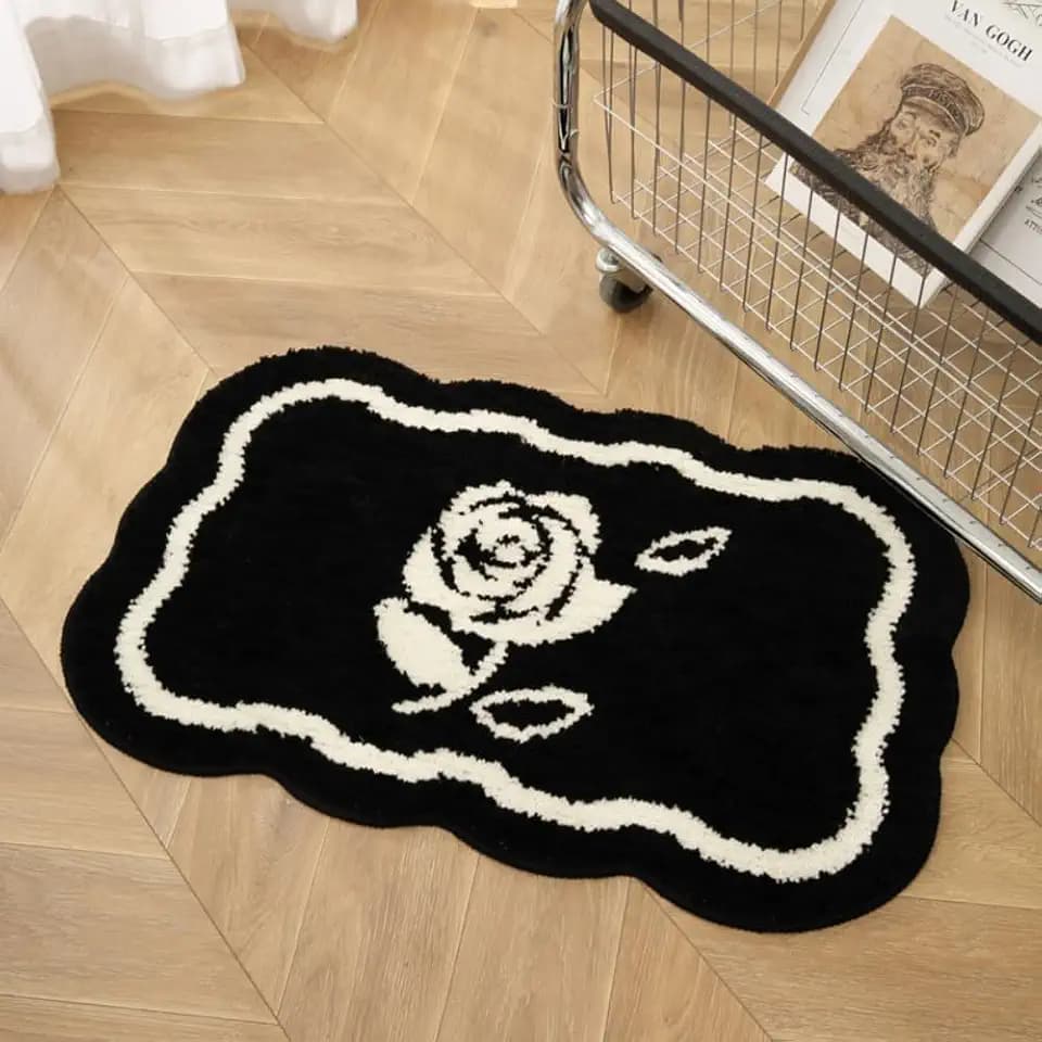 Black and White Rose Pattern Bathroom Rug Entry Absorbent Quick-Drying Mat Toilet Door Mat Non-Slip Carpet Toilet Mat
