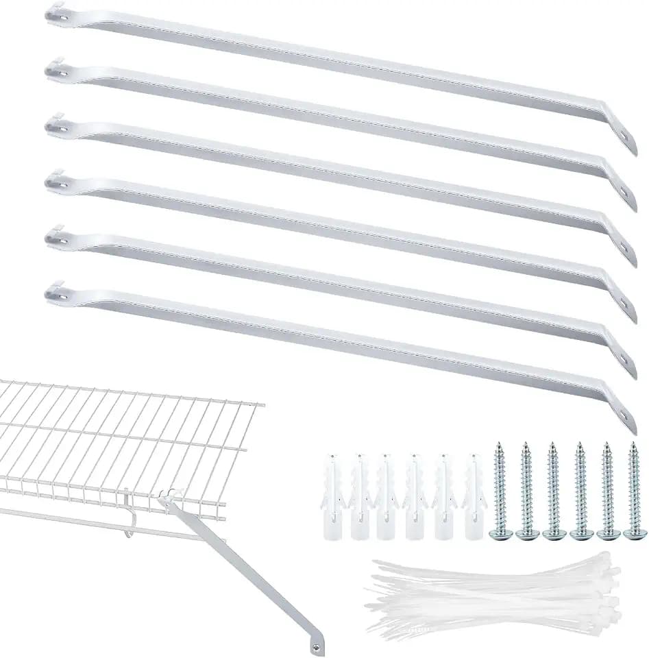 6pcs 12Inch Wire Shelf Brackets, Metal White Closet Support Bracket with Anchors Screws &Tie Hidden Wall Closet Shelving Accessories for Support Wire Closet Shelves Racks (Shelf not Include)