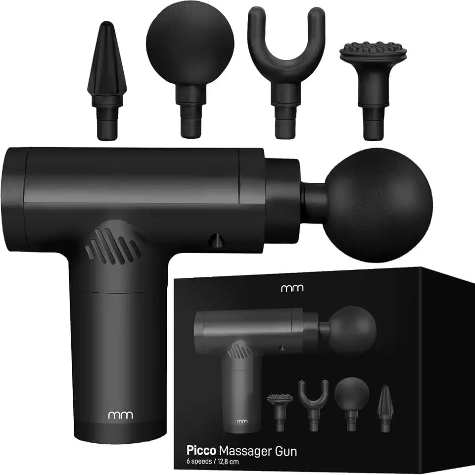 MikaMax Picco Massager Gun, Massagepistole, Massagegerät, Kompakt und Reisefreundlich, 6 Geschwindigkeitsstufen (1800-3200 RPM), 1200mAh Akku, 4 Aufsätze, USB-C Kabel, Ideal für Tiefengewebsmassage.