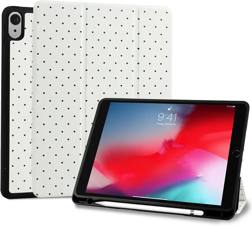 Hülle für iPad Air 11-Zoll M4/M3/M2 (2026/2025/2024),iPad Air 5./4. Gen 11" (2022/2020) Hülle mit Bleistifthalter, Trifold Ständer mit Kratz,Cute Polka-Dot Muster Schutzhülle- Beige