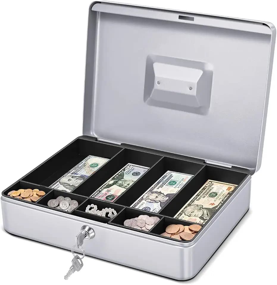 Flexzion Small Cash Box with Money Tray and Lock, 11.4-Inch, Silver
