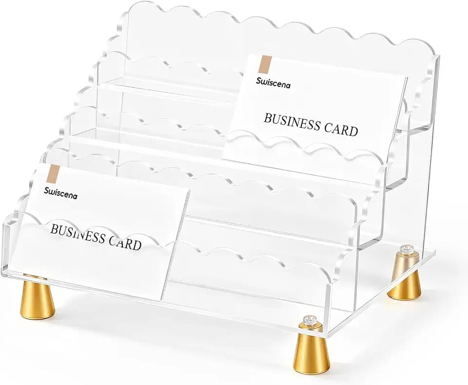 Acrylic Business Card Holder for Desk,4 Tier Large Capacity Business Card Display,Wavy Edge with Gold Metal Feet,Elegant Desktop Card Organizer for Women,Office Salon Reception