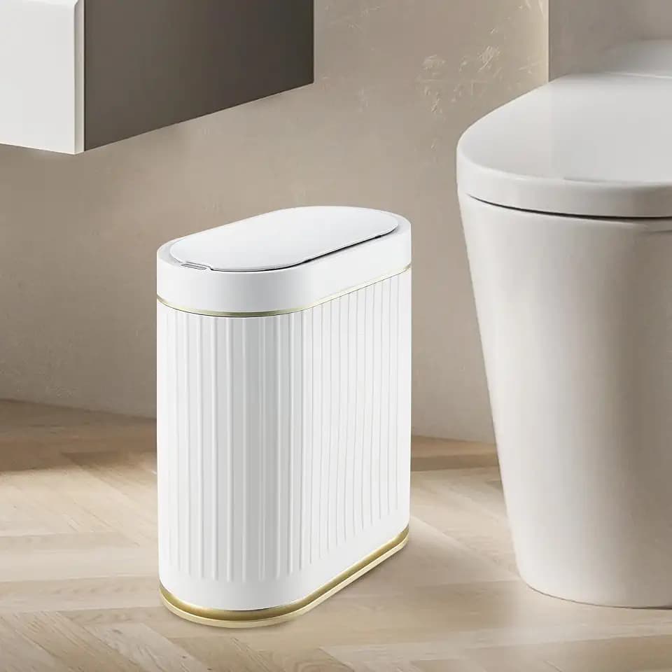 ELPHECO Slim Bathroom Trash Can with Lid, 2 Gallon White Golden