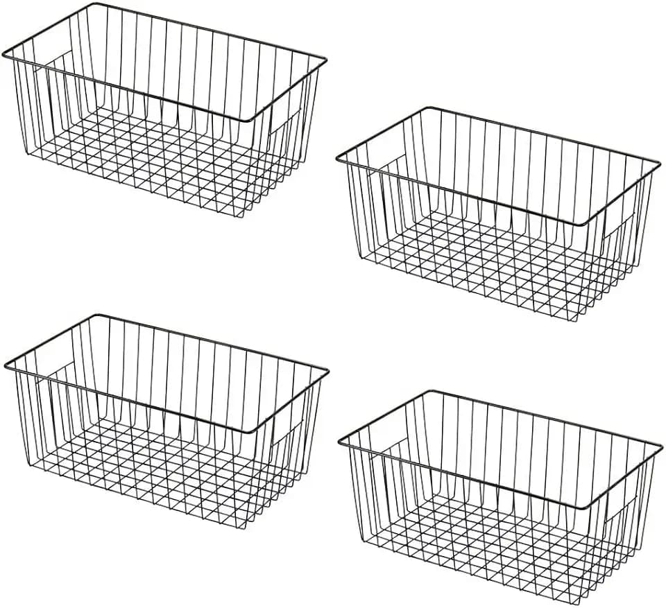 16" L x 12" W Wider Freezer Storage Organizer Baskets Container, Deep Metal Wire Chest Upright Refrigerator Divider with Built-in Handles for Cabinet, Pantry, Closet, Kitchen, Black