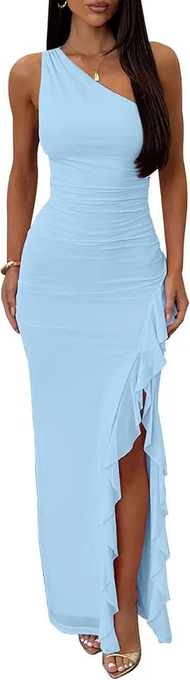 HOCILLE Women's Sexy One The Shoulder Ruched Mesh Formal Long Dress