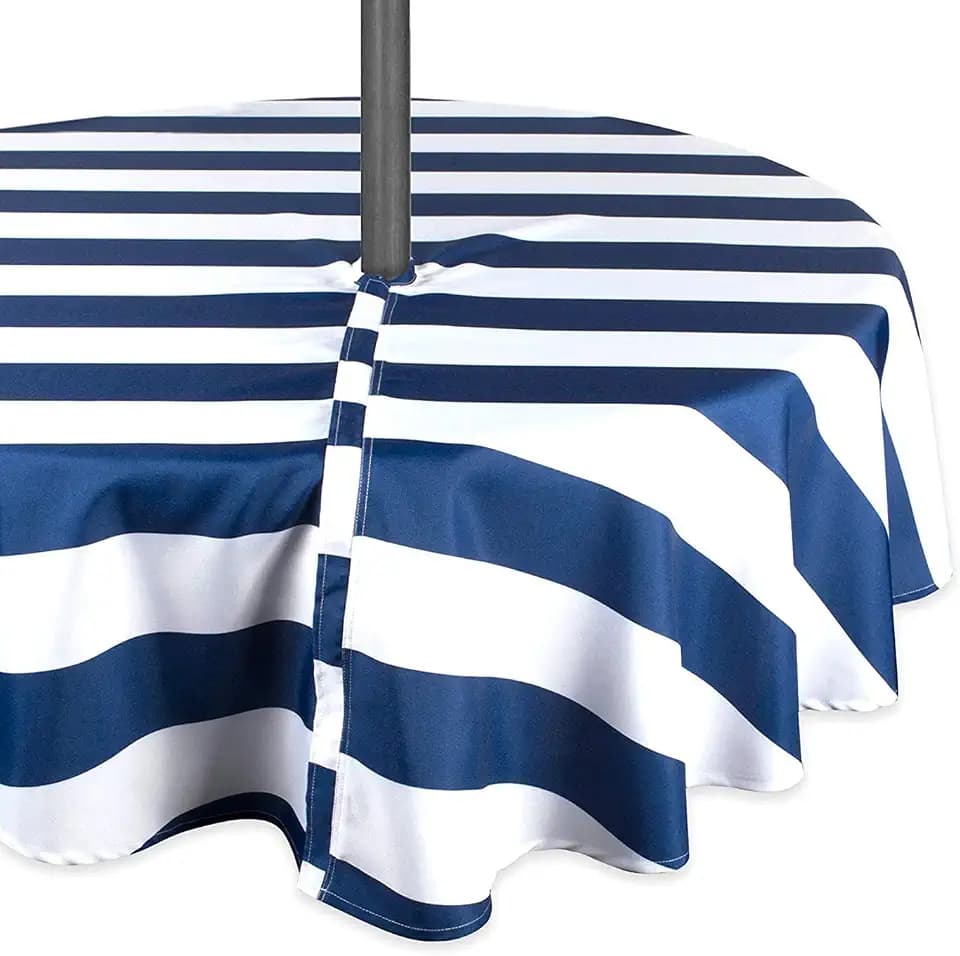 DII Cabana Stripe Outdoor Zippered Tabletop Collection, Stain/Wrinkle Resistant & Waterproof, 60" Round, Nautical Blue