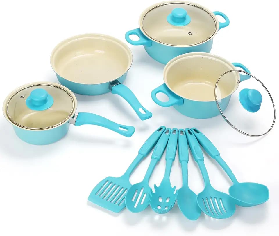 Non-Stick Cookware Set, 13 Piece Set Portable Lightweight Cast Iron Pots and Pans with Glass Lids and Nylon Utensils, Outdoor Camping Picnic Travel