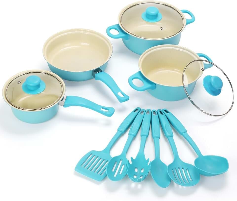 Non-Stick Cookware Set, Portable Lightweight Cast Iron Pots and Pans with Glass Lids and Nylon Utensils - 13 Piece Set, Outdoor Camping Picnic Travel(Blue)