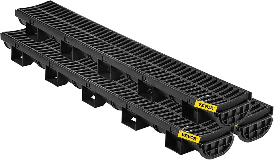 VEVOR Trench Drain System 3 Pack, Channel Drain with Plastic Grate 5.7 x 3.1 in HDPE Drainage Trench, Black Plastic Garage Floor Waterway 3 x 39 in with 3 End Caps for Garden Driveway