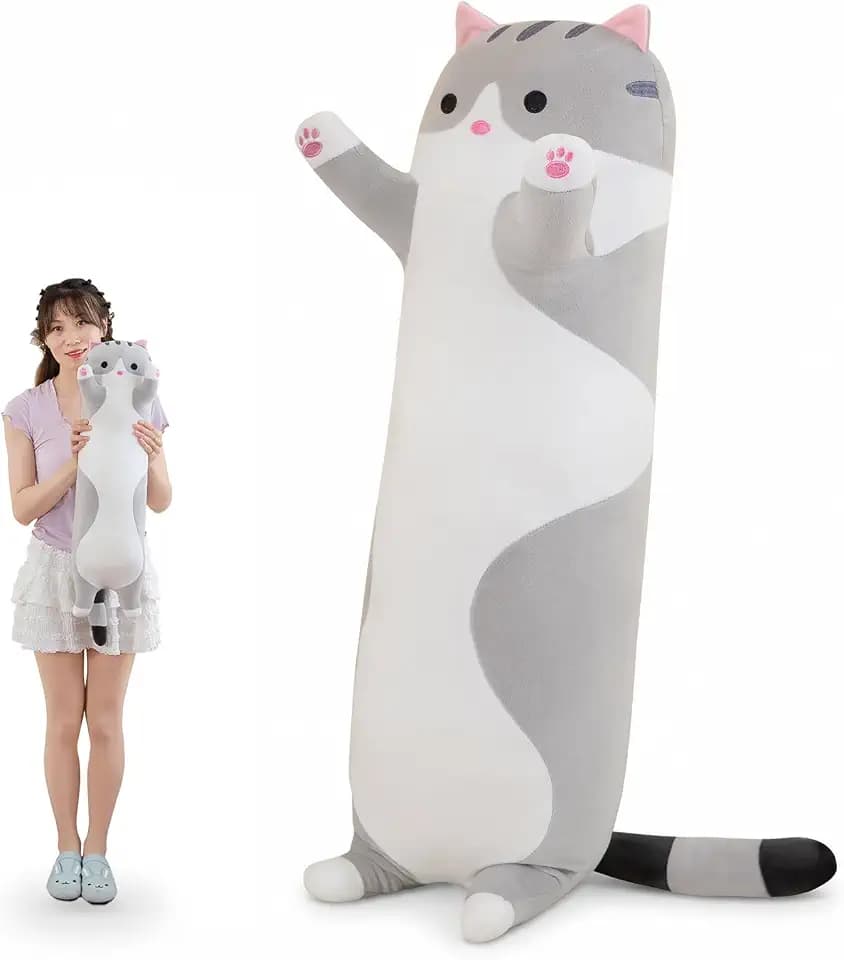 Oeonuas Cute Cat Plush Long Body Pillow Cuddle Cartoon Stuffed Animals Cat Plushie Soft Doll Pillows Gifts for Kids Girls(Gray, 27")
