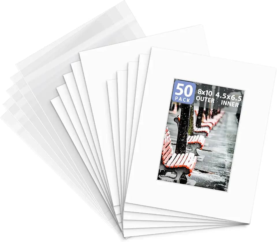 Golden State Art 50 Pack White 8x10 Mat for 5x7 Photo include Backings+Bags