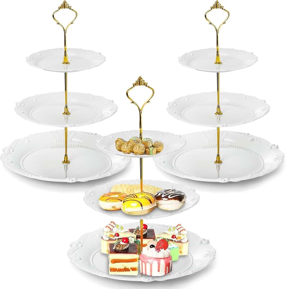 Fasmov 3 Pack Plastic Cupcake Stand, 3 Tier Cupcake Stand Dessert Plates Cake Fruit Candy Display Tower Reusable Pastry Platter for Wedding Birthday Baby Shower Tea Party Decorations - White