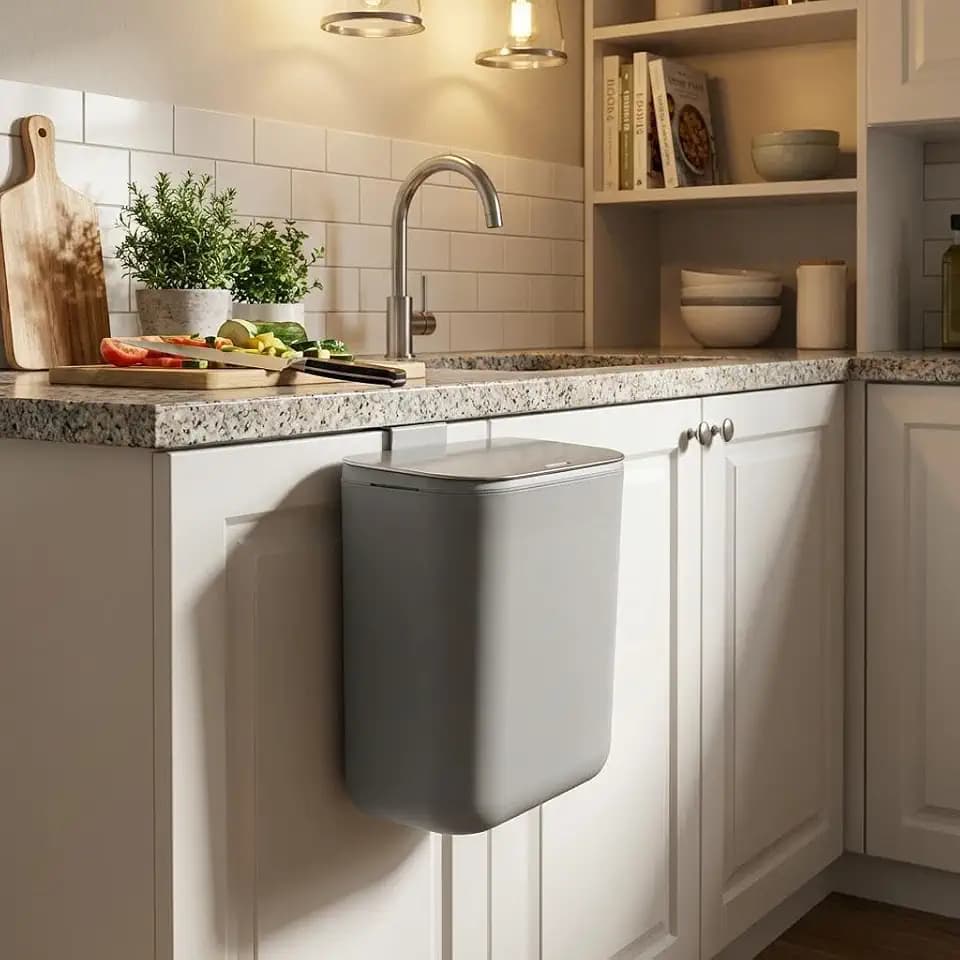 1.85 Gal/7L Hanging Trash Can, Stainless Steel Compost Bin with Lid & Hook, Small Garbage Can for Kitchen Counter, Bathroom Sink, Office Desk, Space-Saving Rubbish Bin - Grey